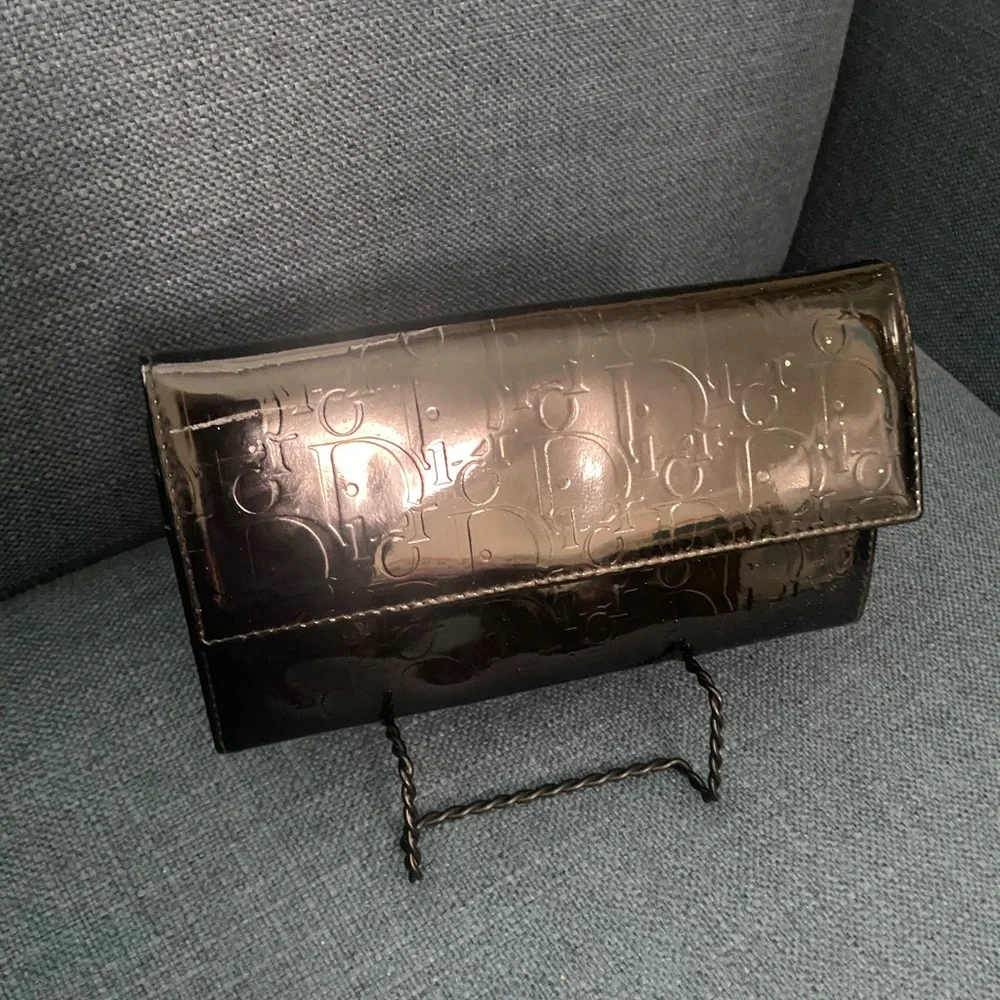 Authentic Dior Black Patent Leather Wallet Clutch with Fold-Over Design Silver